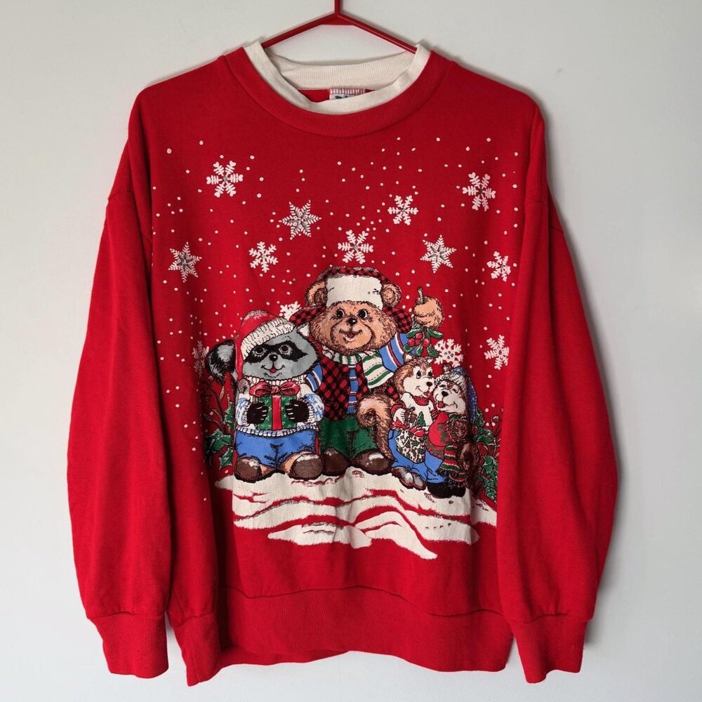 90s vintage red christmas festive holiday animal graphic pullover sweatshirt